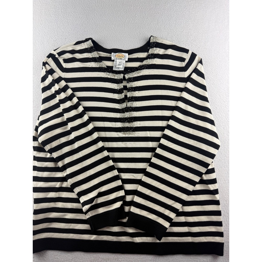Talbots Woman Black Cream Striped Silk Blend Beaded Keyhole Sweater Plus 1X